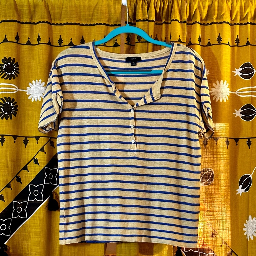 J Crew Linen Rolled-Cuff Henley in Stripe -- Size XL